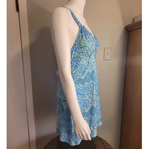 Vintage 90s Batik Slip Dress Aqua Floral Adjustable Straps Sz L Y2K Indie Trippy - Picture 8 of 10